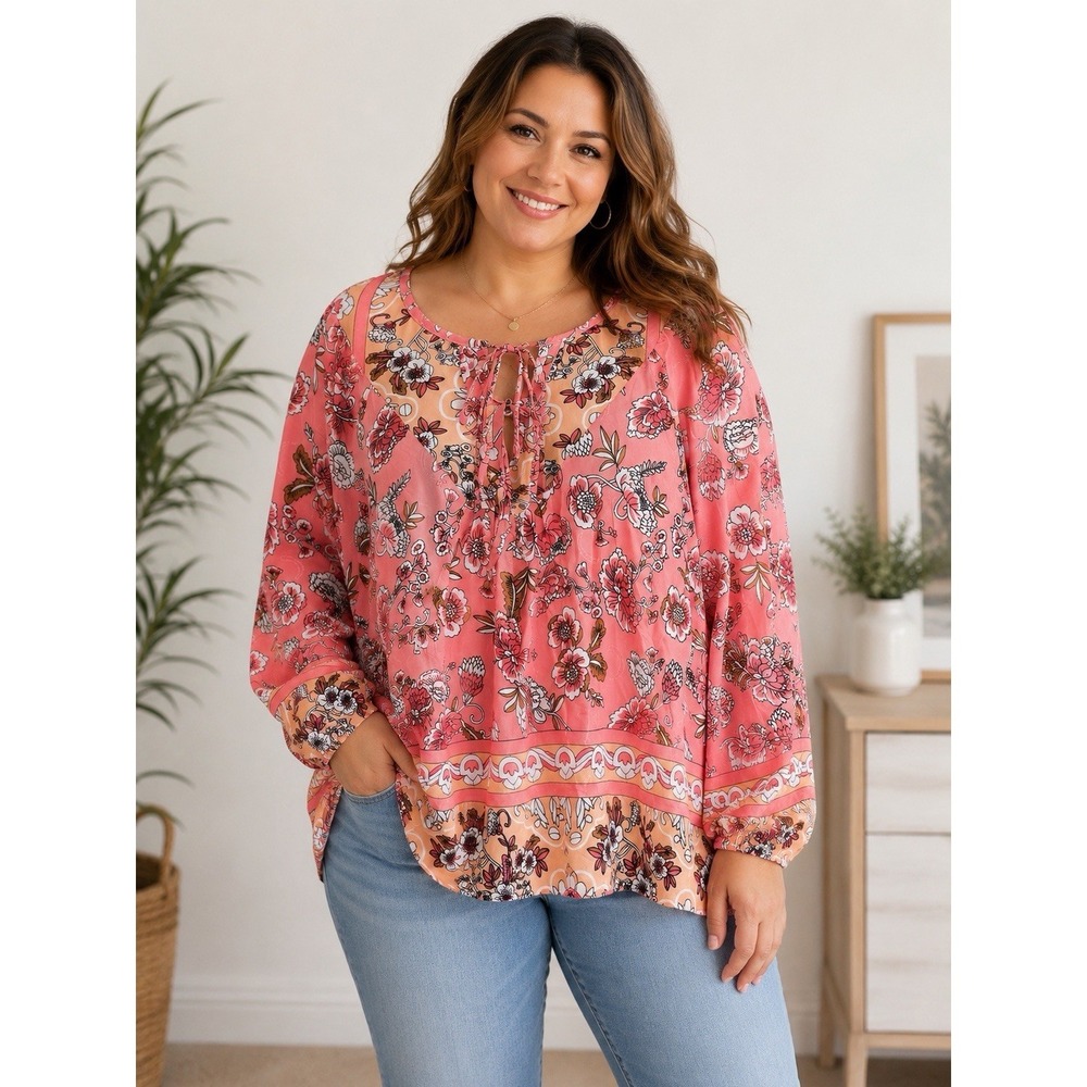 NEW Boho Floral Peasant Blouse Tie Neck Long Sleeve Coral Pink XL Flowy Spring - Picture 1 of 8